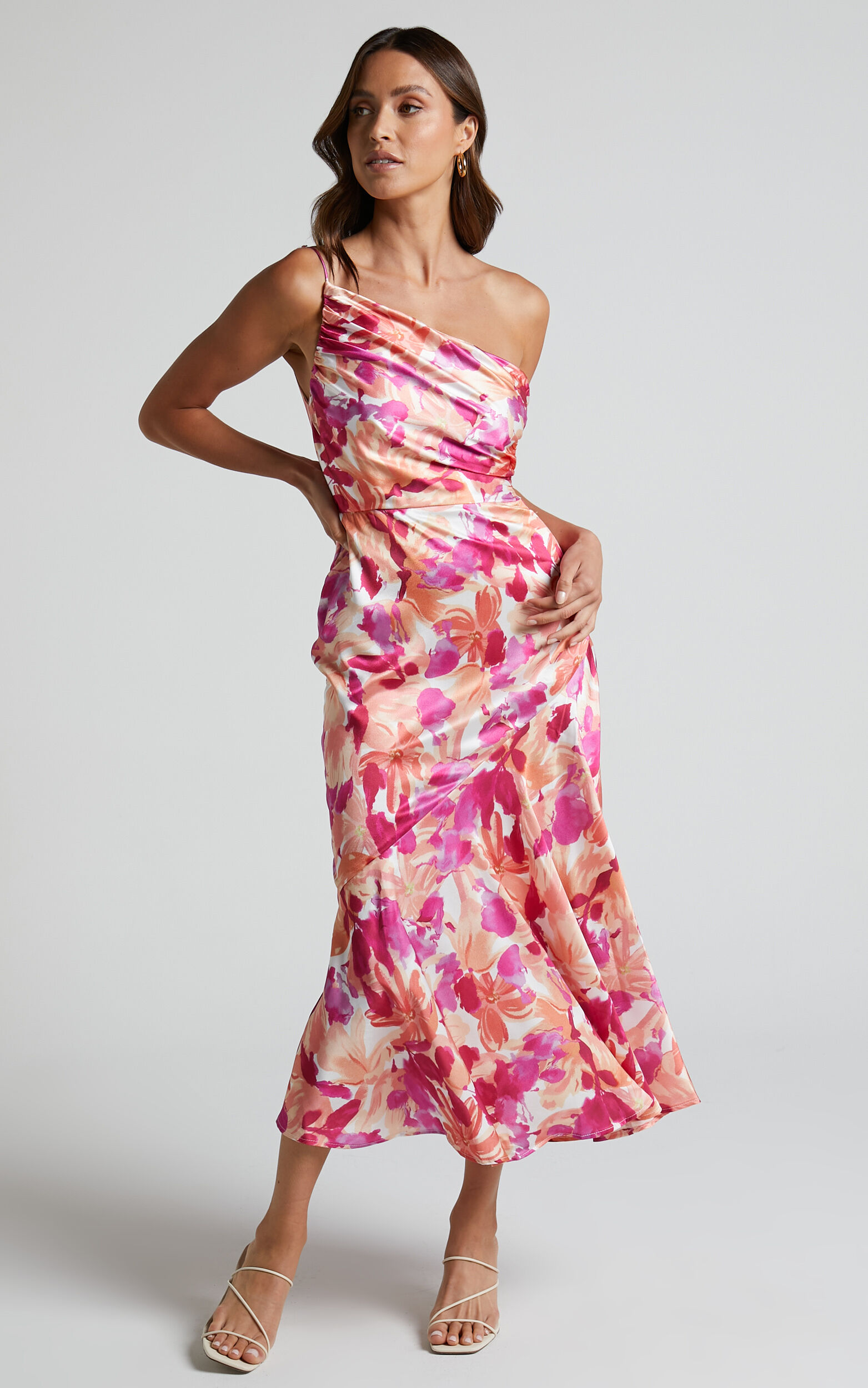 Alyssia Midi Dress - One Shoulder Ruched Satin Dress in Pink Floral - 06, PNK1, super-hi-res image number null