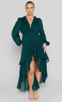 Claudita Midaxi Dress - Long Sleeve High Low Hem Dress in Emerald