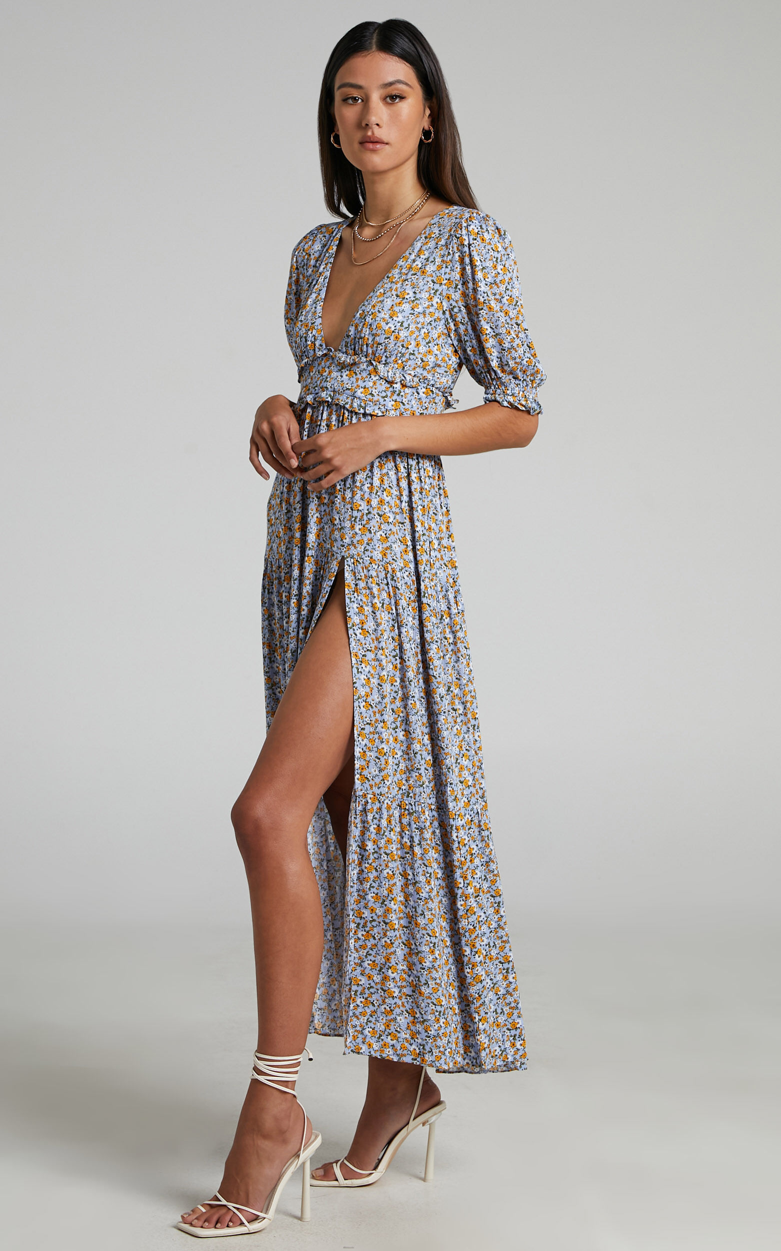 Luisella Puff Sleeve Tiered Maxi Dress in Blue Ditsy Floral - 04, BLU1, super-hi-res image number null