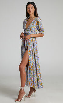 Luisella Puff Sleeve Tiered Maxi Dress in Blue Ditsy Floral