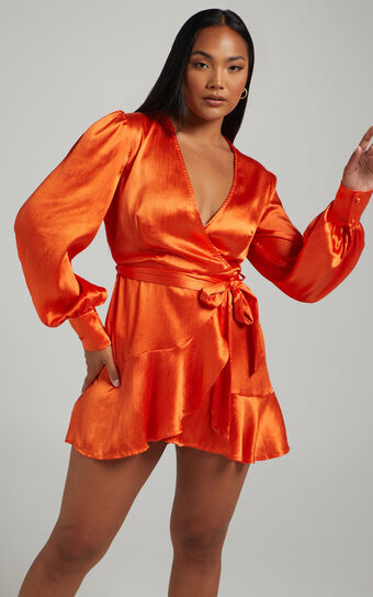 Francille Long Sleeve Wrap Mini Dress in Orange