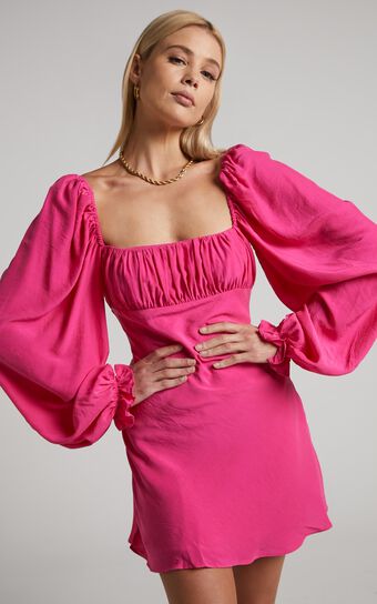 Jadiah Mini Dress - Ruched Bust Long Sleeve Dress in Hot Pink