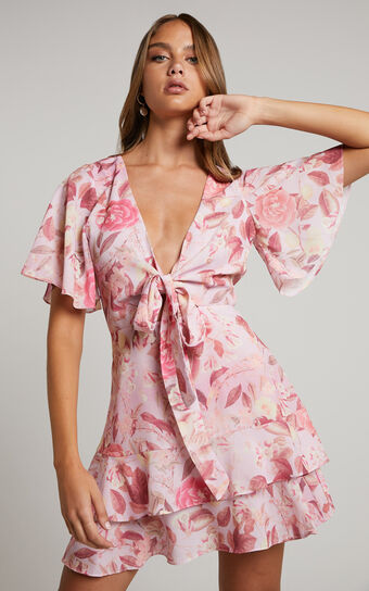 Ezilita Tie Front Angel Sleeve Tiered Mini Dress in Soft Floral