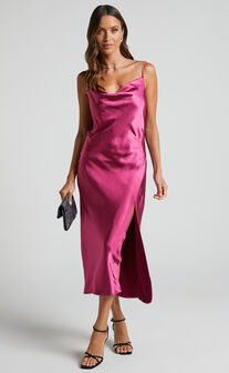 Sherrie Midi Dress - Cowl Neck Open Back Satin Dress in Berry