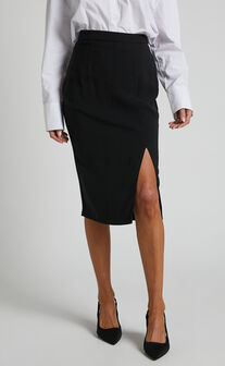 Ginna Front Slit Midi Pencil Skirt in Black