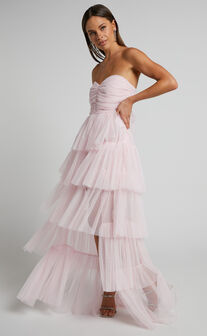 Demika Maxi Dress - Strapless Ruched Bodice Layerd Tulle Dress in Light Pink