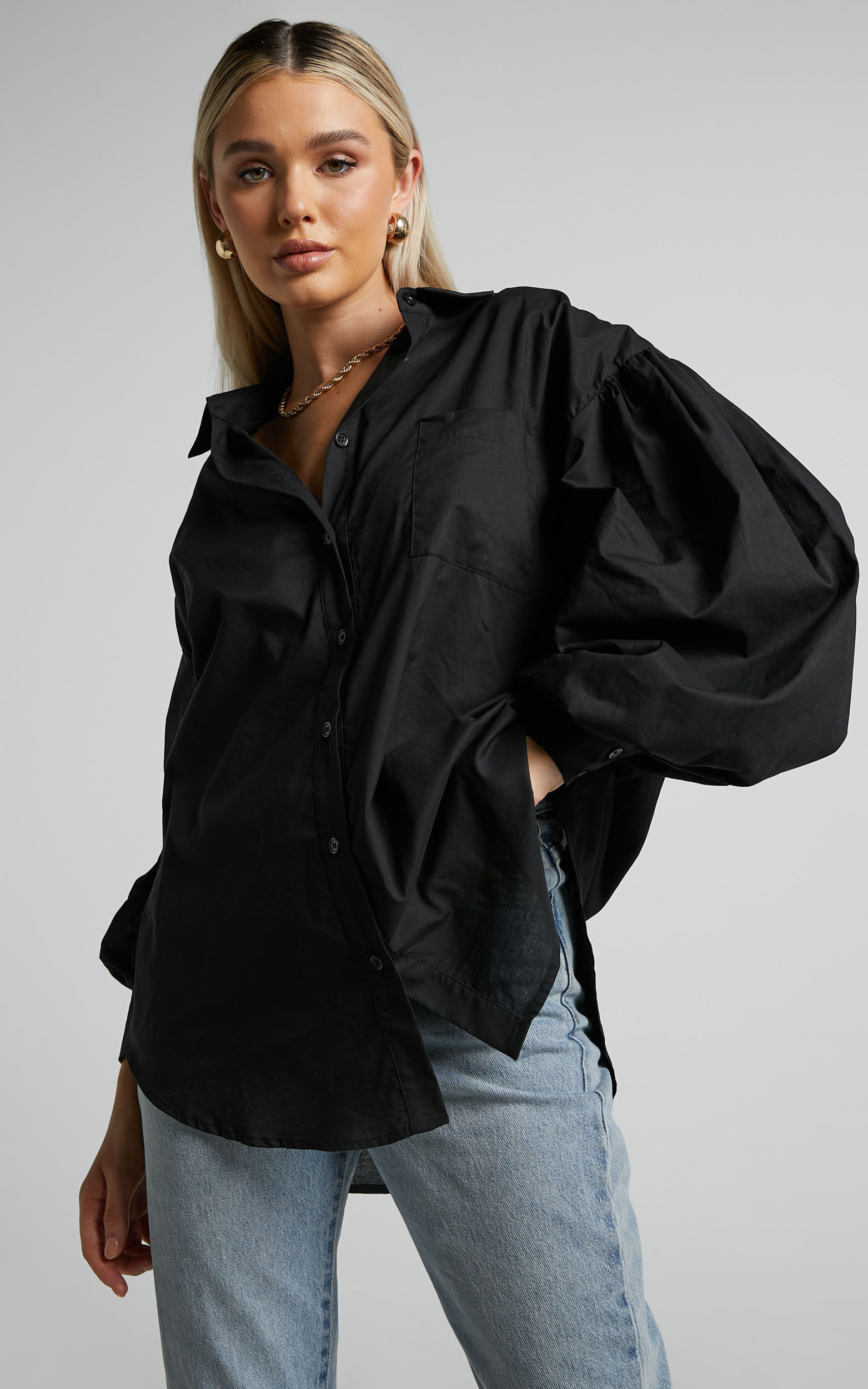 Delly Blouse - Relaxed Balloon Sleeve Button Up Blouse in Black - 04, BLK1
