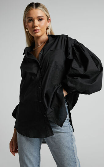 Delly Relaxed Balloon Sleeve Button Up Blouse in Black