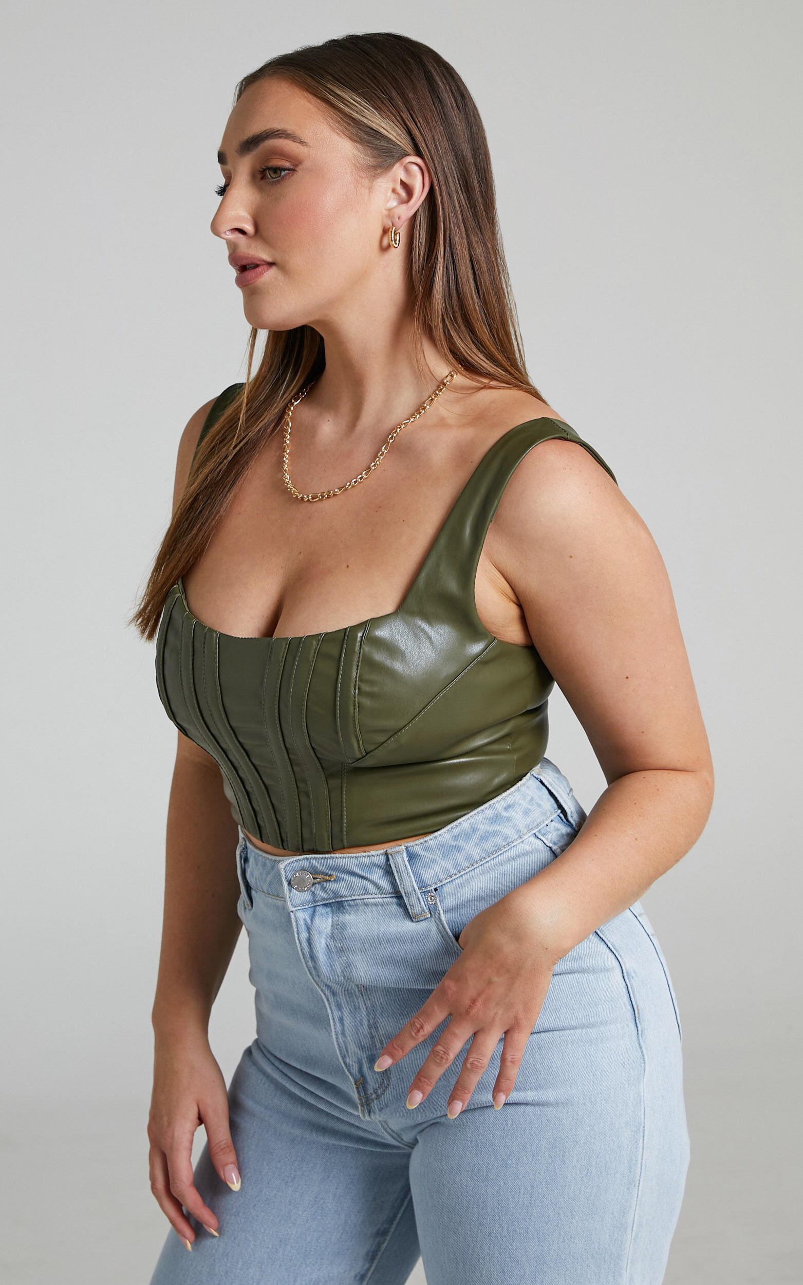 Raeka Faux Leather Corset Top in Olive - 10, GRN1, super-hi-res image number null