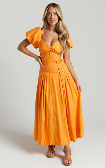 Viviana Midi Dress - Sweetheart Puff Short Sleeve Dress in Orange