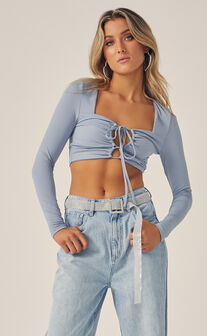 Aiza Crossover Front Cut Out Long Sleeve Crop Top in Steel Blue