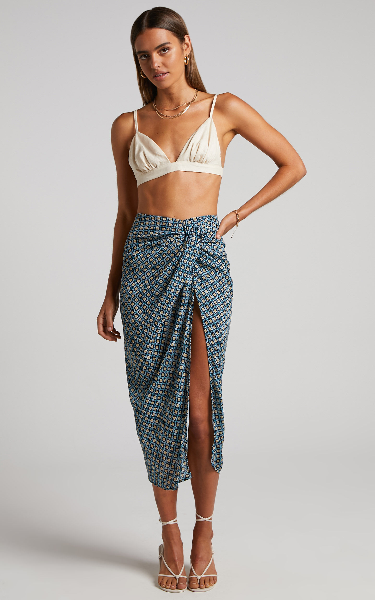 Brunita Midi Skirt - Twist Front Skirt in Tile Geo - 06, BLU1, super-hi-res image number null