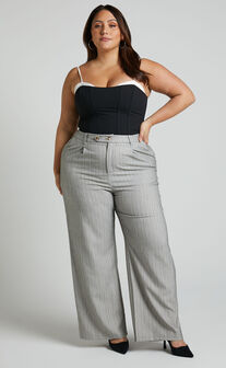 Maryanne - High Waisted Double Button Relaxed Pant in Grey Stripe