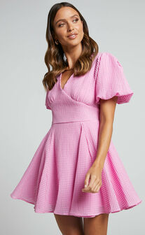 Rhode Mini Dress - Puff Sleeve V Neck Panelled Dress in Light Pink