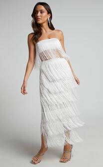 Amalee Fringe Strapless Crop Top and Midi Skirt Two Piece Set in White