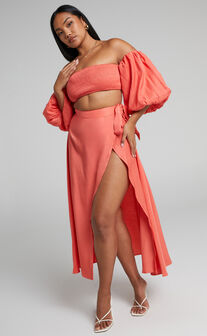 Steffie Shirred Off Shoulder Crop Top and Wrap Midi Skirt Two Piece Set in Orange
