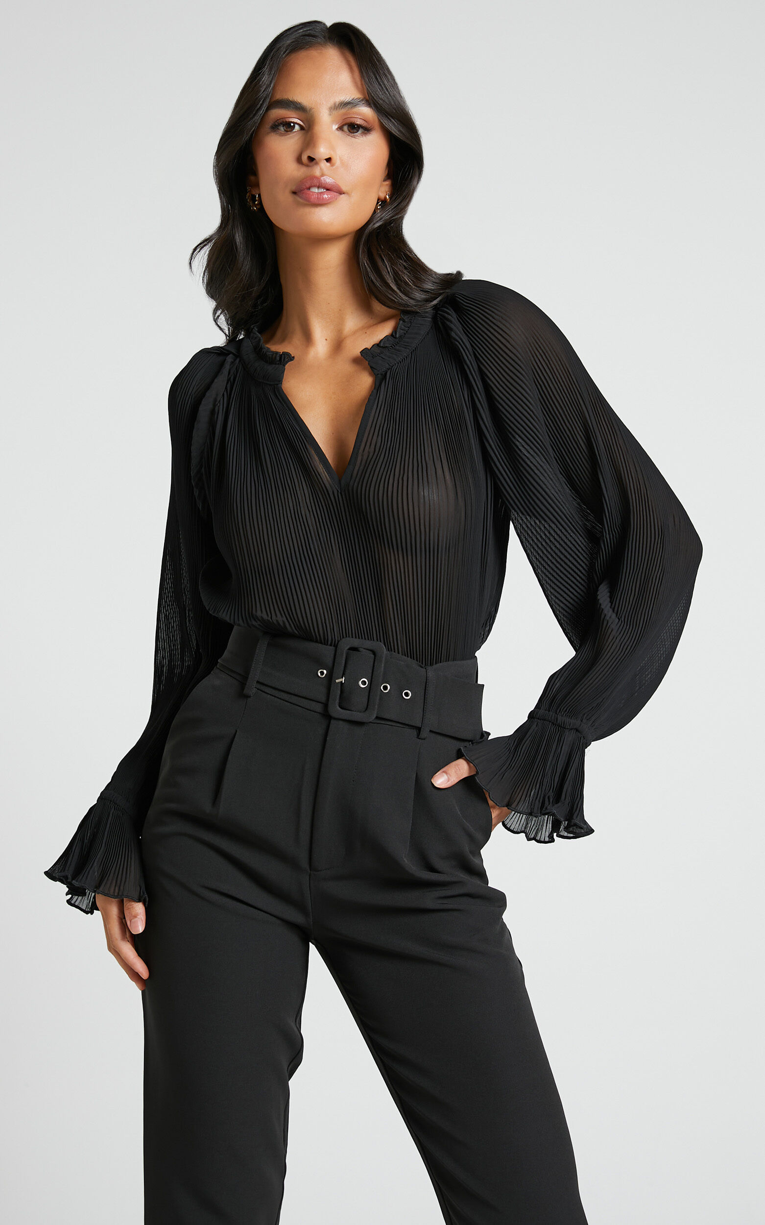 Kerray Top - V Neck Long Sleeve Pleated Top in Black - 04, BLK1, super-hi-res image number null