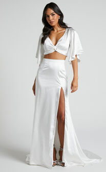 Chantanee Bridal Two Piece Set - Twist Top and Thigh Split Maxi Skirt in Ivory