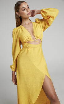 Demieh Front Cut Out Long Sleeve Midi Dress in Bright Yellow