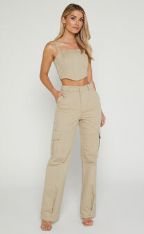 Diana Two Piece Set - Corset top High Waisted Straight Leg Pants in Taupe