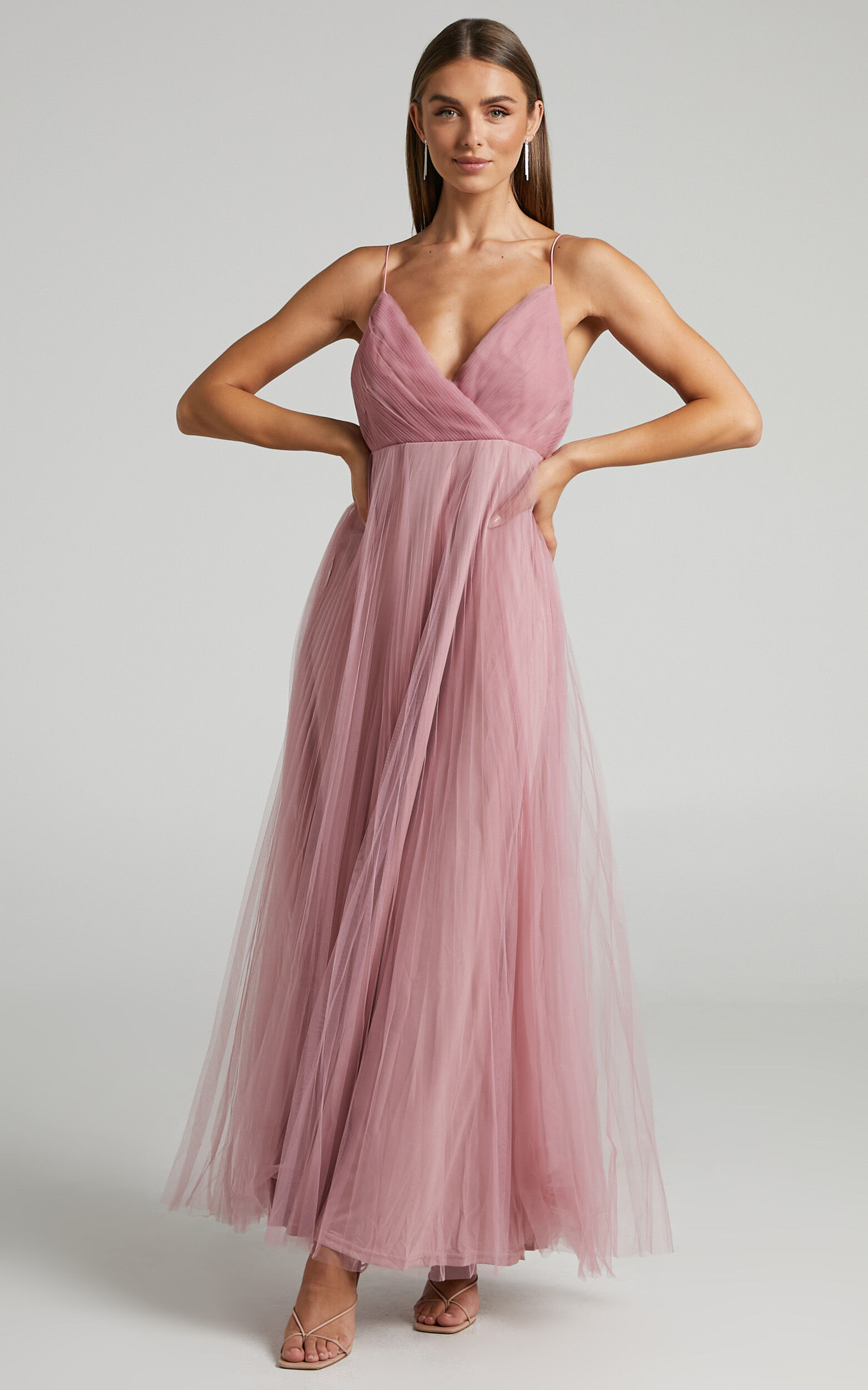 Allany Maxi Dress - Faux Wrap Bodice Pleated Tulle Dress in Dusty Pink - 04, PNK1, super-hi-res image number null