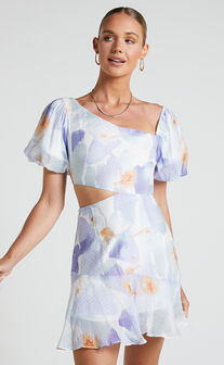 Sylva Mini Dress - Diagonal Neck Puff Sleeve Side Cut Out Dress in Blue Floral