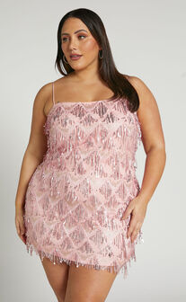 Shook Mini Dress - Strapless Fringe Dress in Pink Sequin