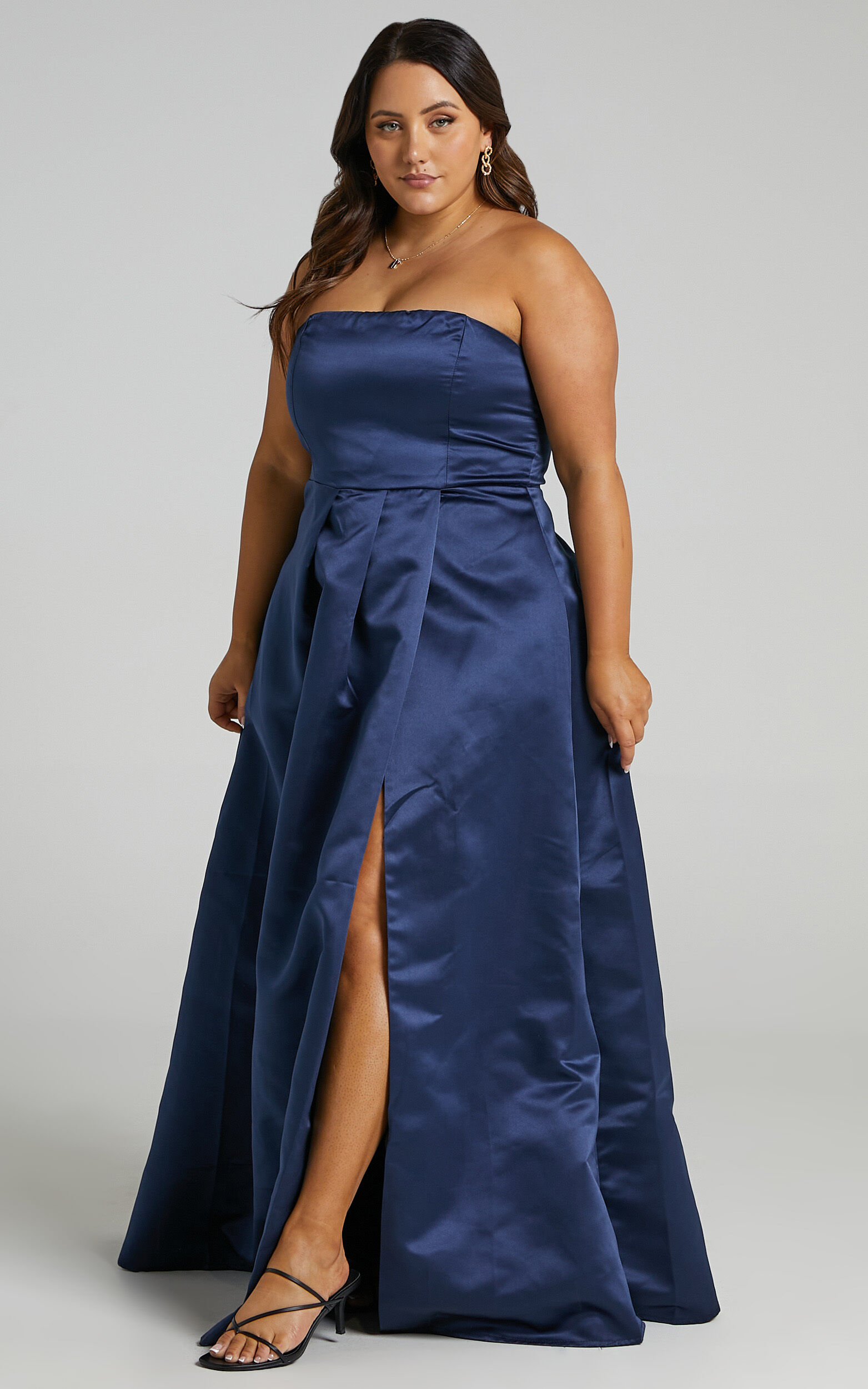 Queen Of The Show Strapless Maxi Dress in Navy Satin - 20, NVY2, super-hi-res image number null