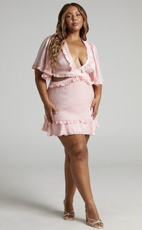 Maricris Mini Dress - Open Back Bell Sleeve Frill Dress in Dusty Pink