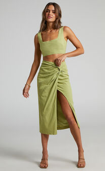 Gibson Two Piece Set - Crop Top and Knot Front Midi Skirt Set in Celery