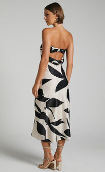 Madelyn Midi Dress - Strapless Palm Print Satin Dress in Cream and Black Shadow Print