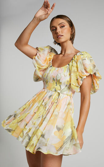 Soraia Mini Dress - Scoop Neck Puff Sleeve Gathered Dress in Yellow Floral