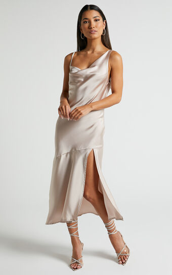 Viola Midi Dress - Cowl Neck Asymmetrical Frill Dress in Champagne