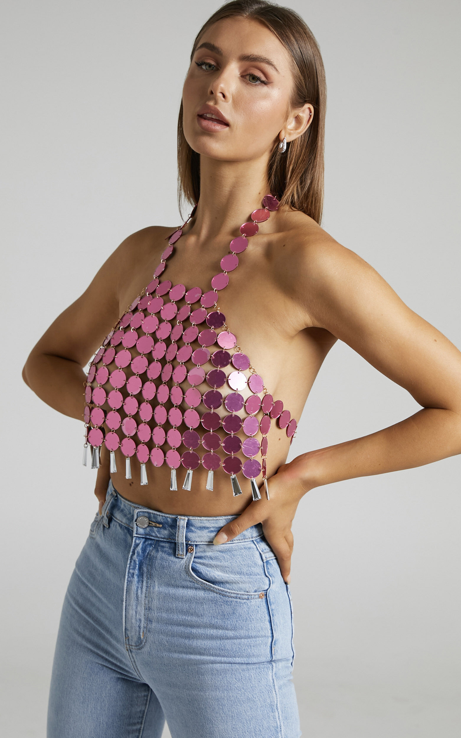 Visions Sequin Cropped Top in Pink - S/M, PNK1, super-hi-res image number null