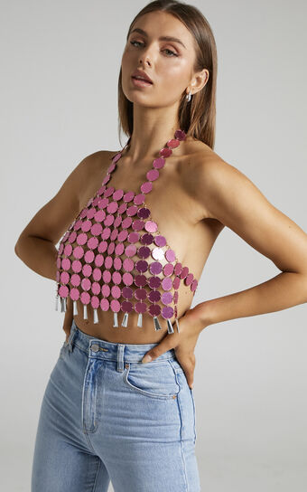 Visions Sequin Cropped Top in Pink