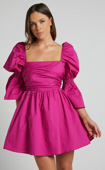 Adria Mini Dress - Long Puff Sleeve Square Neck Dress in Berry