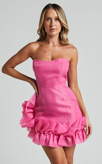 Hallie Mini Dress - Strapless Ruffle Hem Detail Dress in Pink