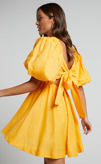 Amalie The Label - Hamyya Linen Tie Back Puff Sleeve Mini Dress in Mango