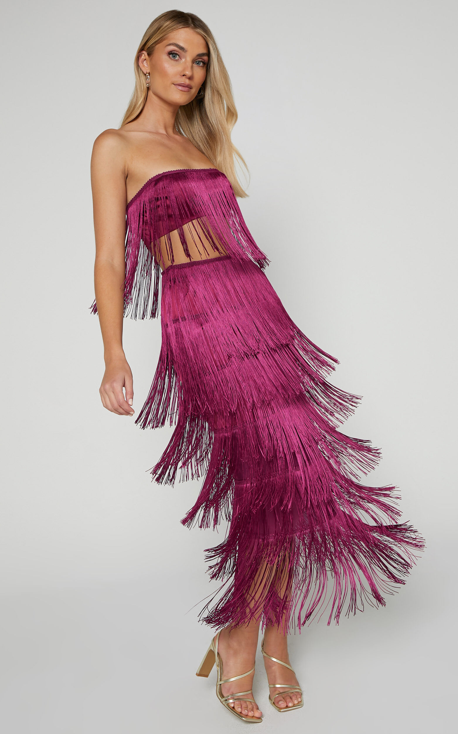 Amalee Two Piece Set - Fringe Strapless Crop Top and Midaxi Skirt Set in Mulberry - 04, PRP1