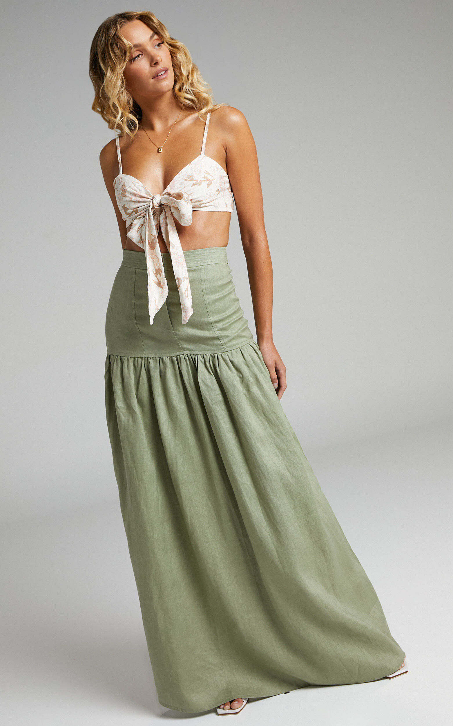 Amalie The Label - Ivy Linen Topstitched Drop Waist Maxi Skirt in Khaki - 06, GRN1, super-hi-res image number null