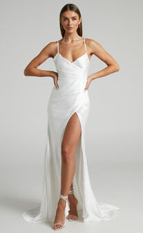 Joesa Bridal Gown - Split V Neck Fixed Wrap Gown in White