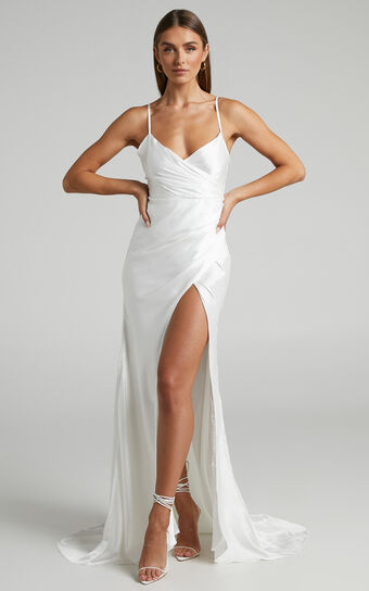 Joesa Bridal Gown - Split V Neck Fixed Wrap Gown in White