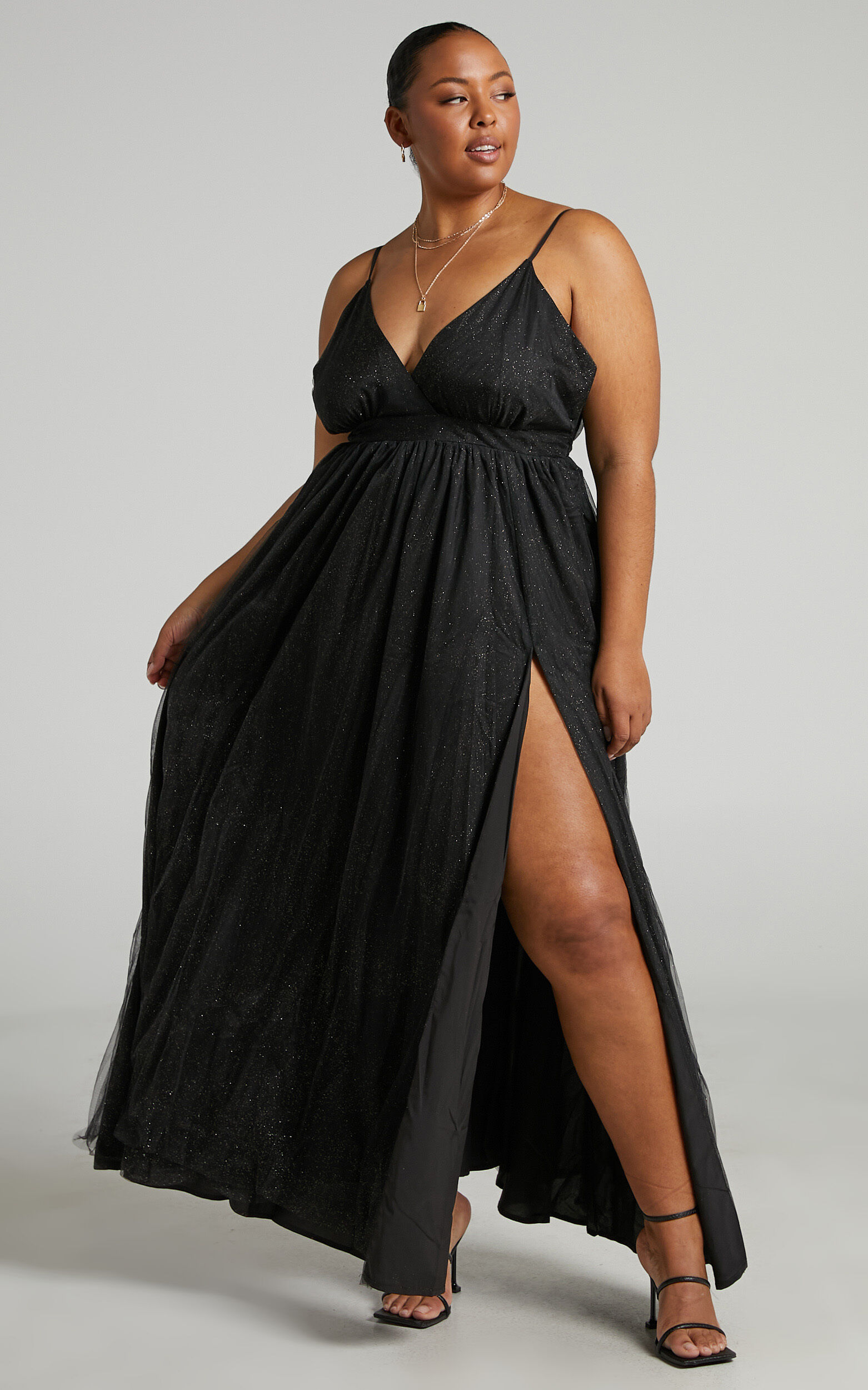 Angelina Plunge Neck Glitter Maxi Dress in Black - 04, BLK1, super-hi-res image number null