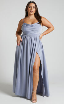Gemalyn Maxi Dress - Cowl Neck Thigh Split Dress in Sky Blue