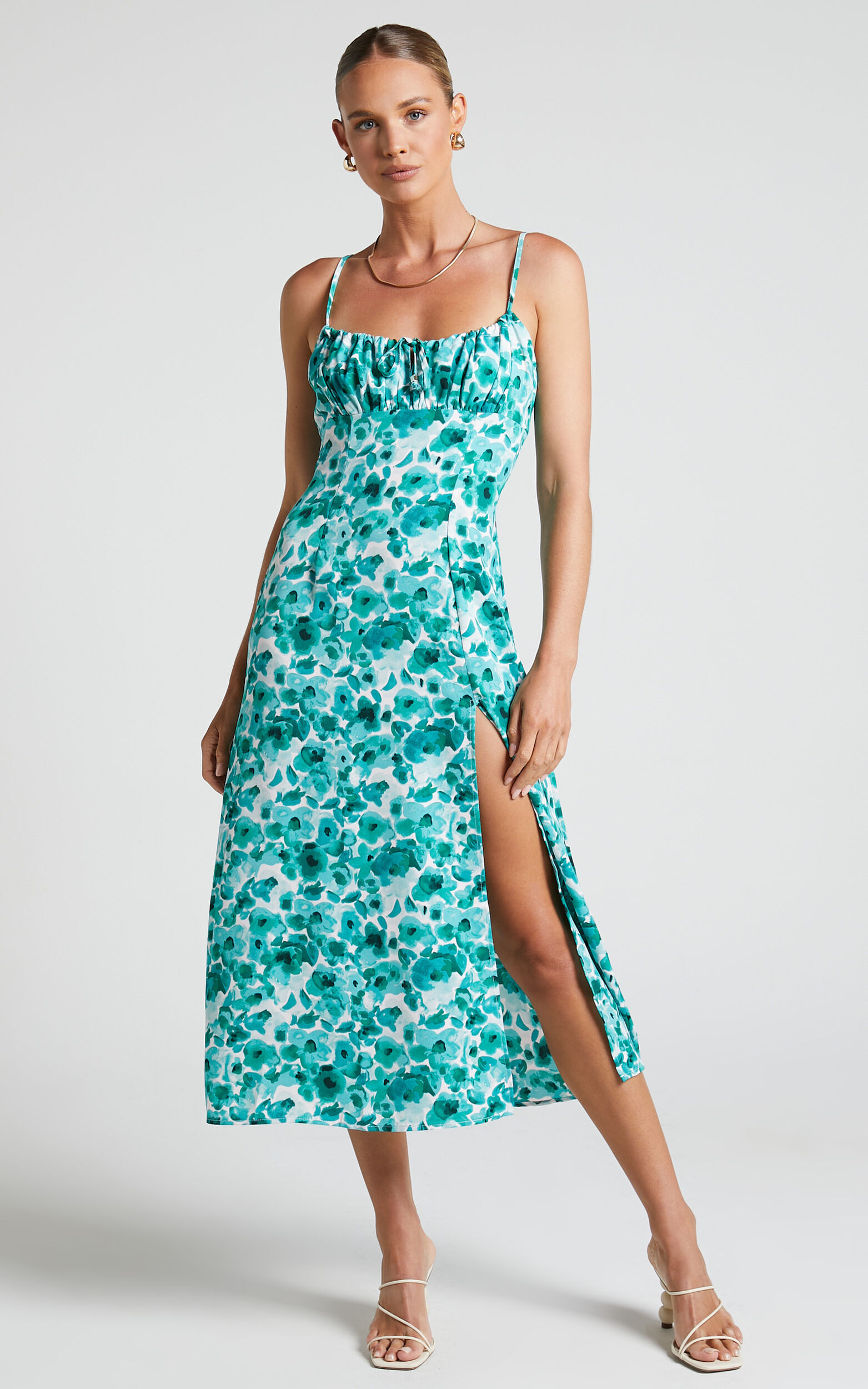 Willa Midi Dress - Ruched Bust Thigh Split Dress in Green Floral - 04, GRN2
