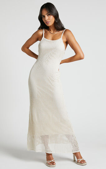 Shana Midaxi Dress - Crochet Slip Dress in Beige