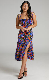 Eithna Ruched Bust Strappy Midi Dress in Dark Floral