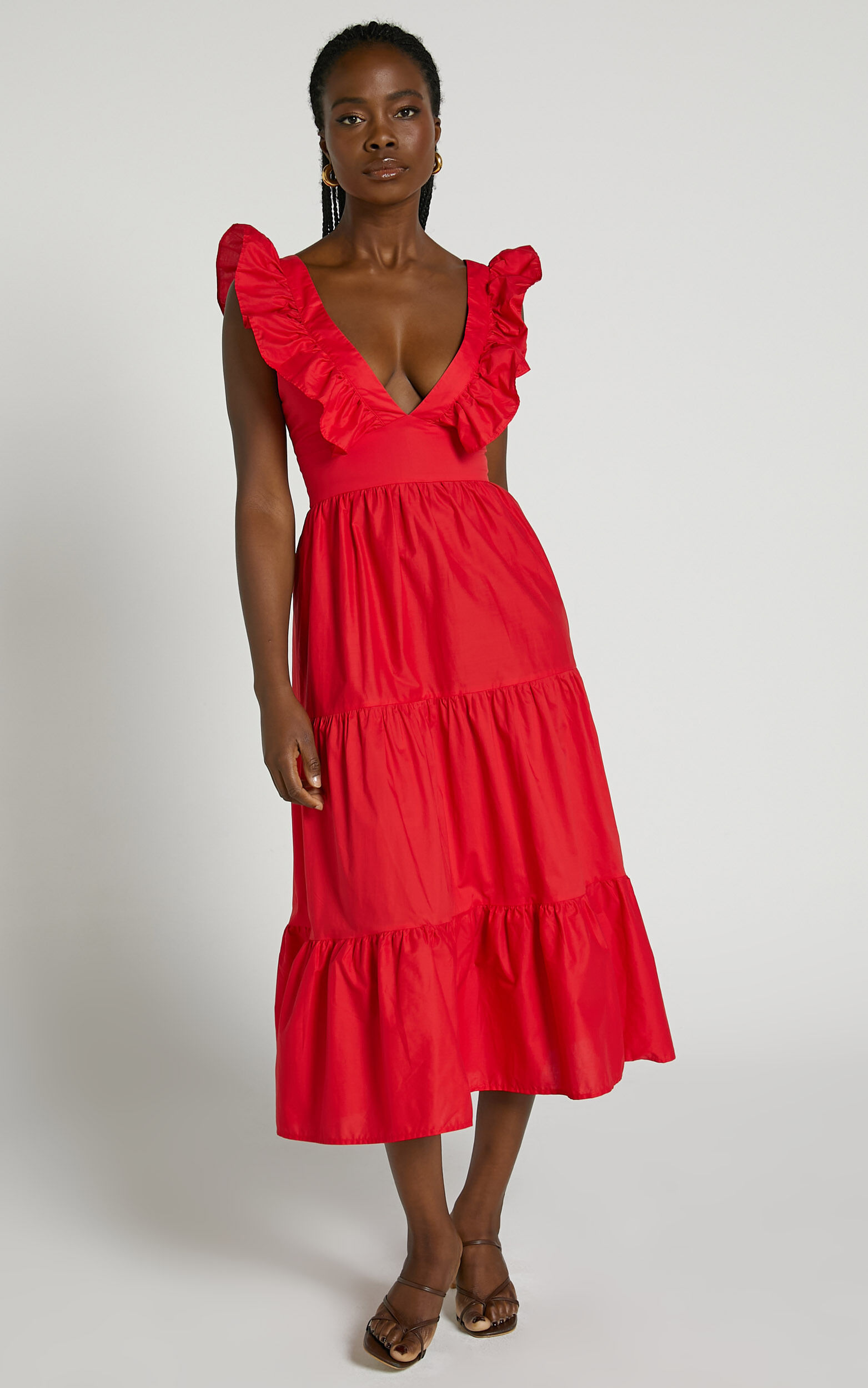 Levona Midi Dress - Ruffle Shoulder Tiered Dress in Cherry Tomato - 04, RED1