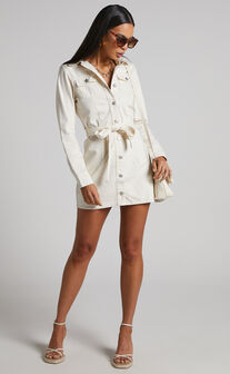 Enriquetta Mini Dress - Recycled Cotton Denim Long Sleeve Button Up Dress in Ecru