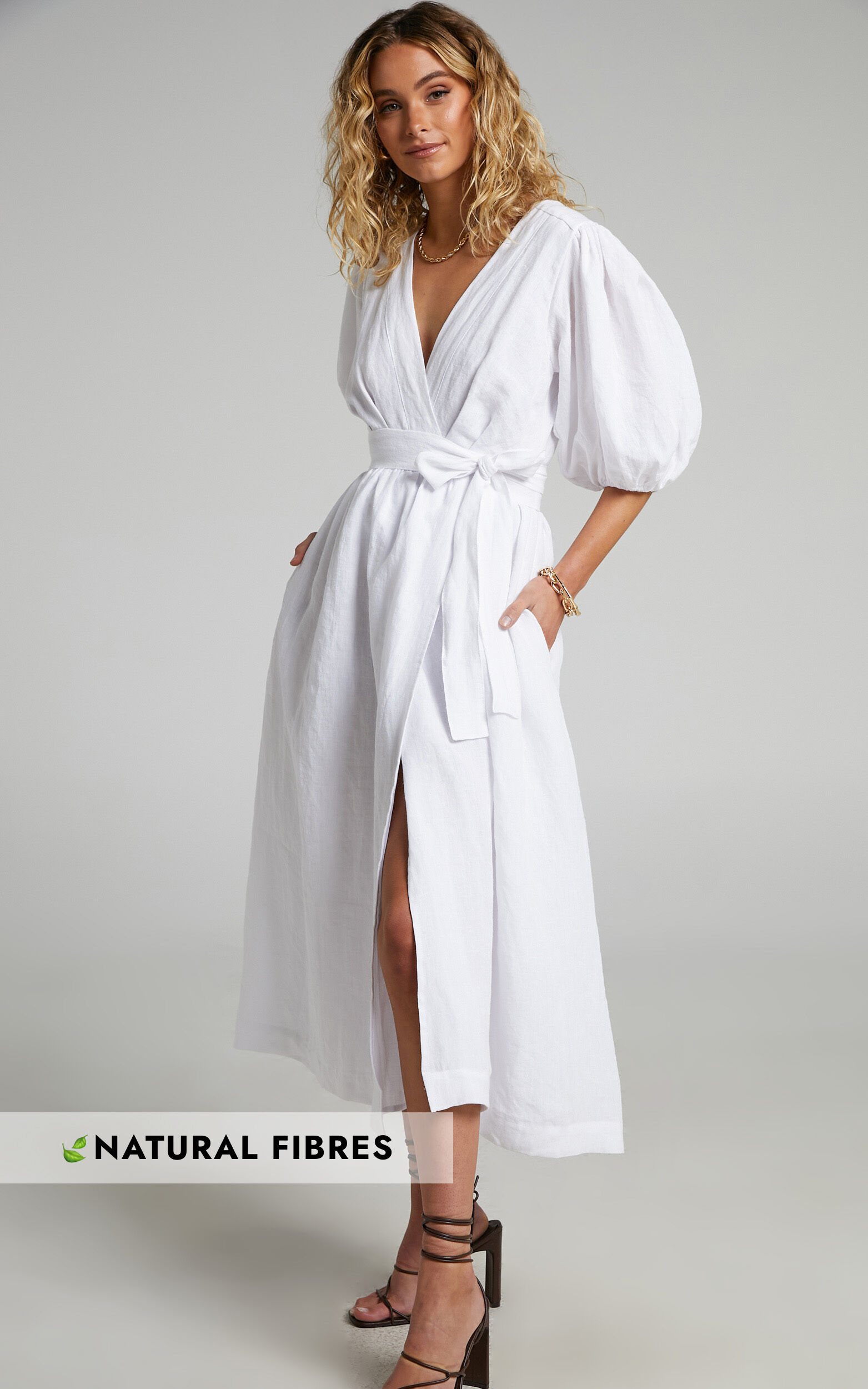 Amalie The Label - Franc Linen Puff Sleeve Wrap Midi Dress in White - 06, WHT3, super-hi-res image number null
